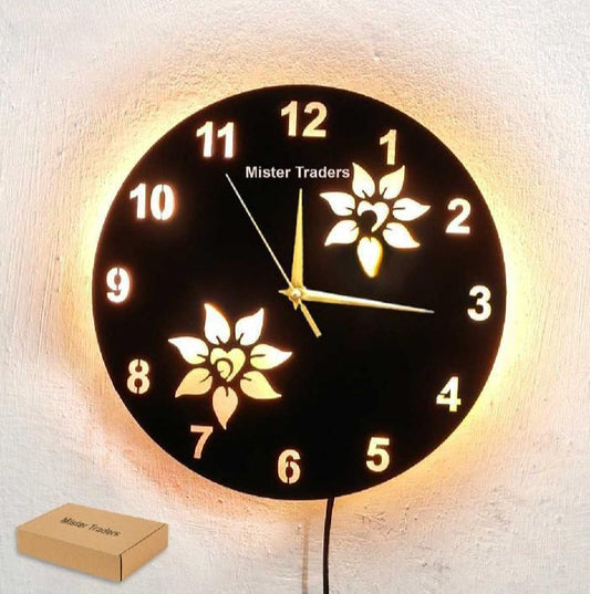 Flower Wooden Clock With LED Light Black Gold 12"