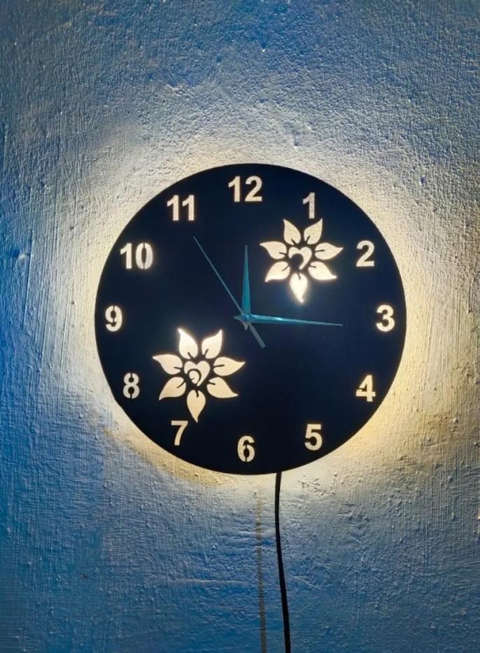 Flower Wooden Clock With LED Light Black Gold 12"