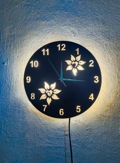 Flower Wooden Clock With LED Light Black Gold 12"