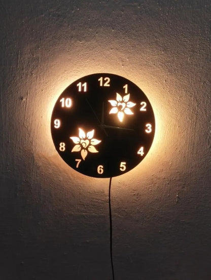 Flower Wooden Clock With LED Light Black Gold 12"