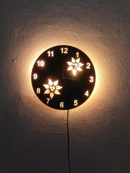 Flower Wooden Clock With LED Light Black Gold 12"