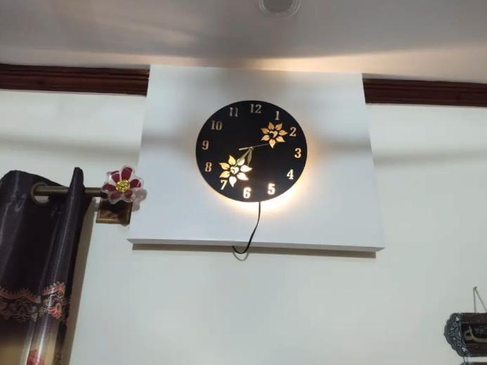 Flower Wooden Clock With LED Light Black Gold 12"