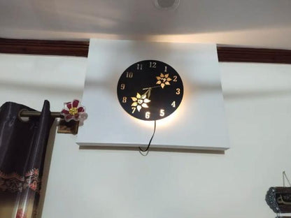 Flower Wooden Clock With LED Light Black Gold 12"