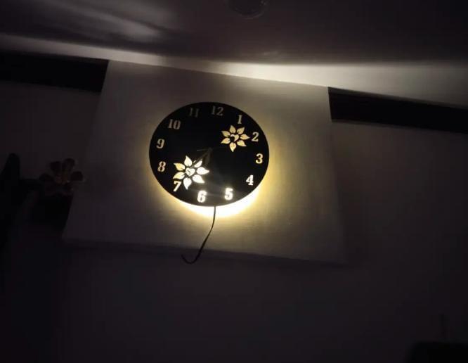 Flower Wooden Clock With LED Light Black Gold 12"