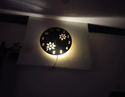 Flower Wooden Clock With LED Light Black Gold 12"