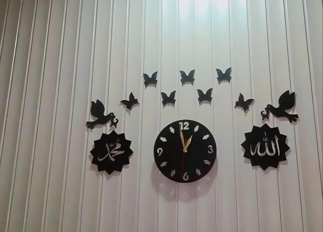 3D Islamic Wooden Wall Clock Black Modern Design