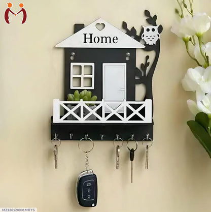 Black Owl House Key Holder with Plant Balcony
