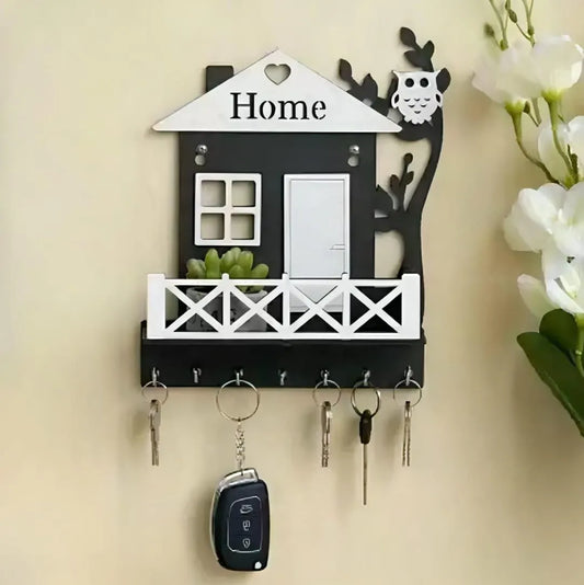 Black Owl House Key Holder with Plant Balcony