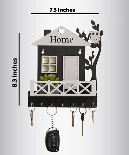 Black Owl House Key Holder with Plant Balcony